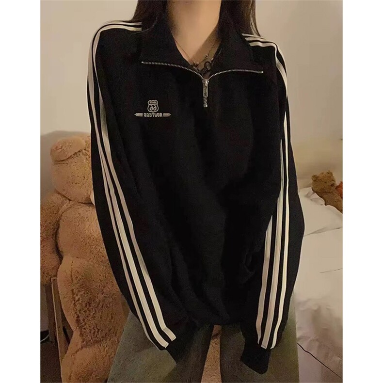 抖音得物美式全棉三条杠立领卫衣半拉链外套印花卫衣A2902,女装短外套,电商A443