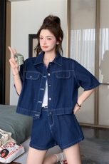 韩版时尚酷飒牛仔套装女2025夏季新款别致衬衫阔腿短裤洋气两件套，女装套装/套裙，2C212
