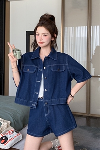韩版时尚酷飒牛仔套装女2025夏季新款别致衬衫阔腿短裤洋气两件套图片