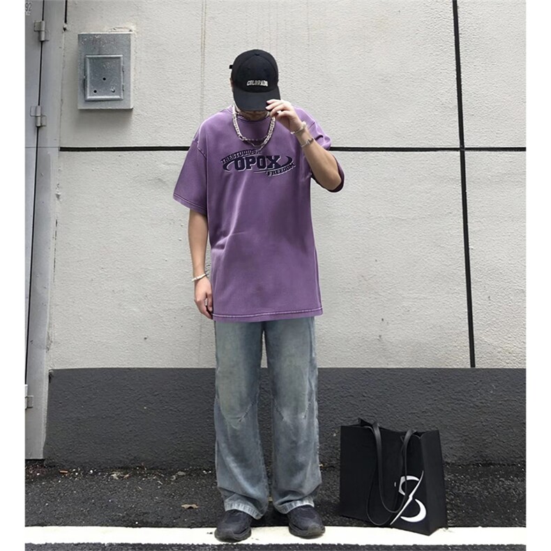 抖音得物供货240克重磅现货宽松美式纯棉水洗做旧印花T恤ATSX01,男装T恤,电商A443