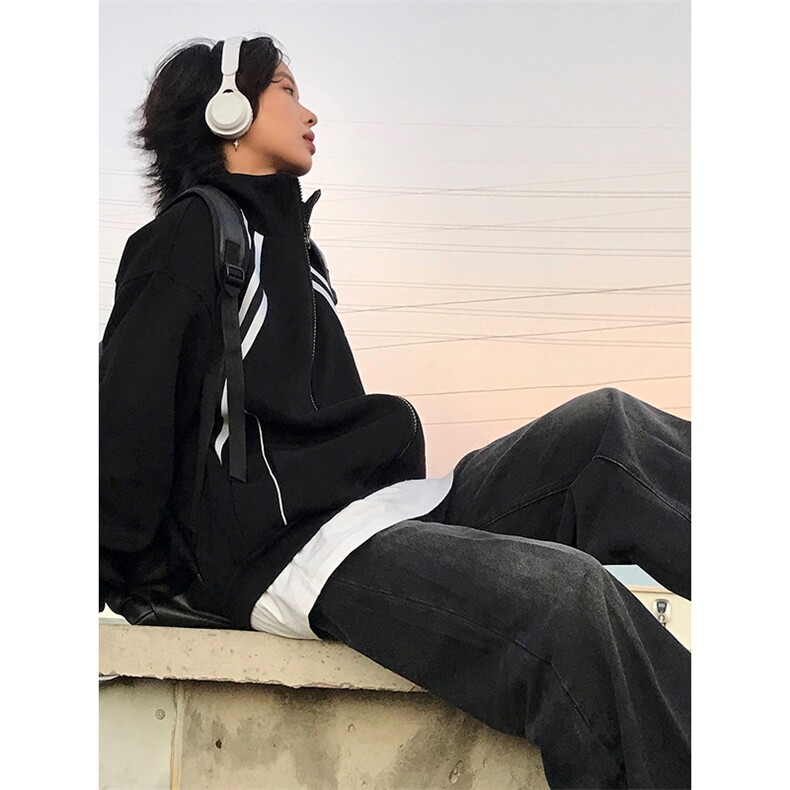 抖音得物高品质二开25秋冬美式重磅结构织带撞色立领卫衣外套W70，男装卫衣，电商A486-1