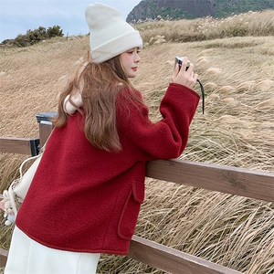 红色针织连帽羊羔毛外套女冬季2025新款小个子设计感宽松短款棉衣图片