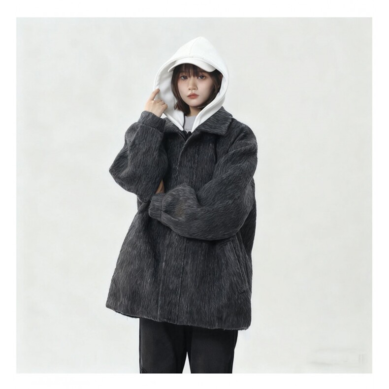 冬季加棉加厚阿尔巴卡呢子带帽宽松中性港风男女外套M897-P138图片