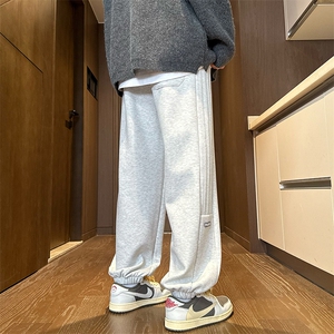 加绒加厚裤子男秋冬季潮牌美式复古条纹束脚卫裤宽松大码运动休闲图片