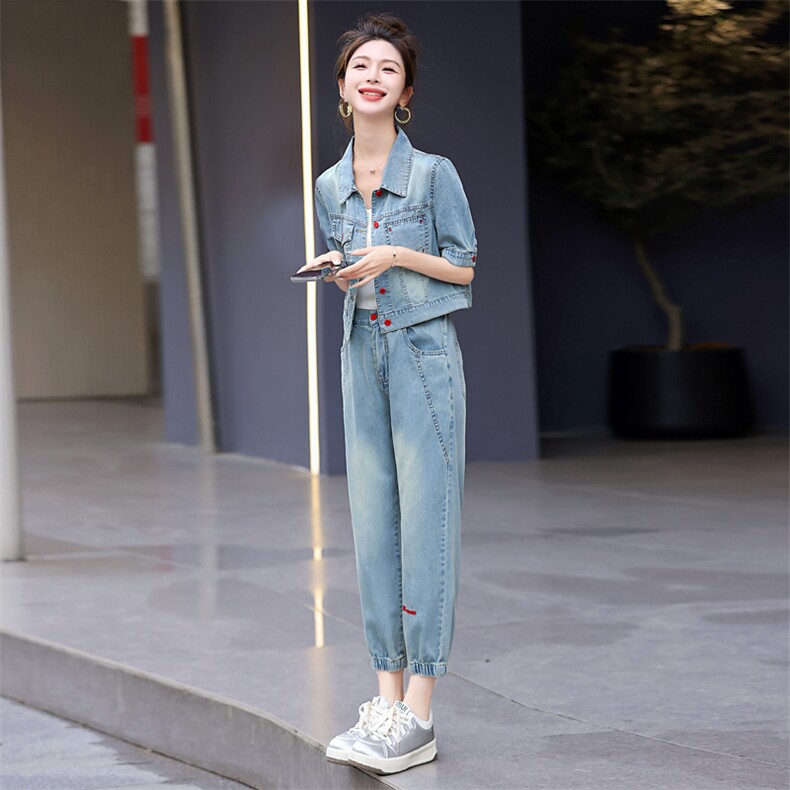 港风复古休闲牛仔套装女2025夏季新款气质减龄洋气时尚修身两件套,女装套装/套裙,意芙