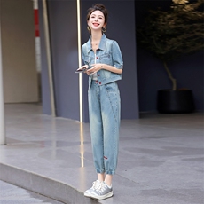 港风复古休闲牛仔套装女2025夏季新款气质减龄洋气时尚修身两件套，女装套装/套裙，意芙