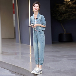 港风复古休闲牛仔套装女2025夏季新款气质减龄洋气时尚修身两件套图片