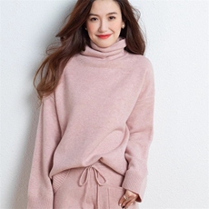时尚百搭纯色高领羊毛针织套装显瘦宽松休闲两件套，女装羊毛衫，隆格羊绒