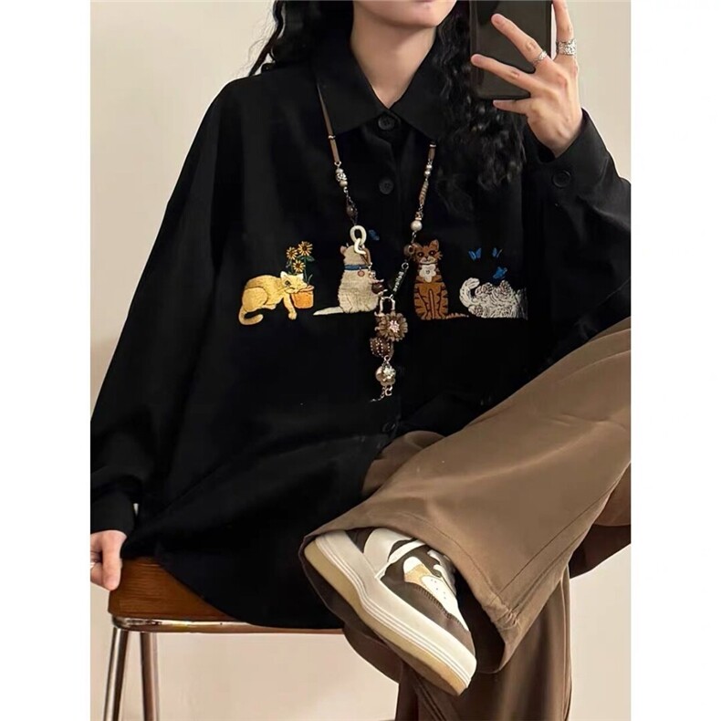 CS381-P43美式复古灯芯绒猫咪刺绣长袖衬衫男女春秋冬宽松休闲，男装衬衫，电商B323A