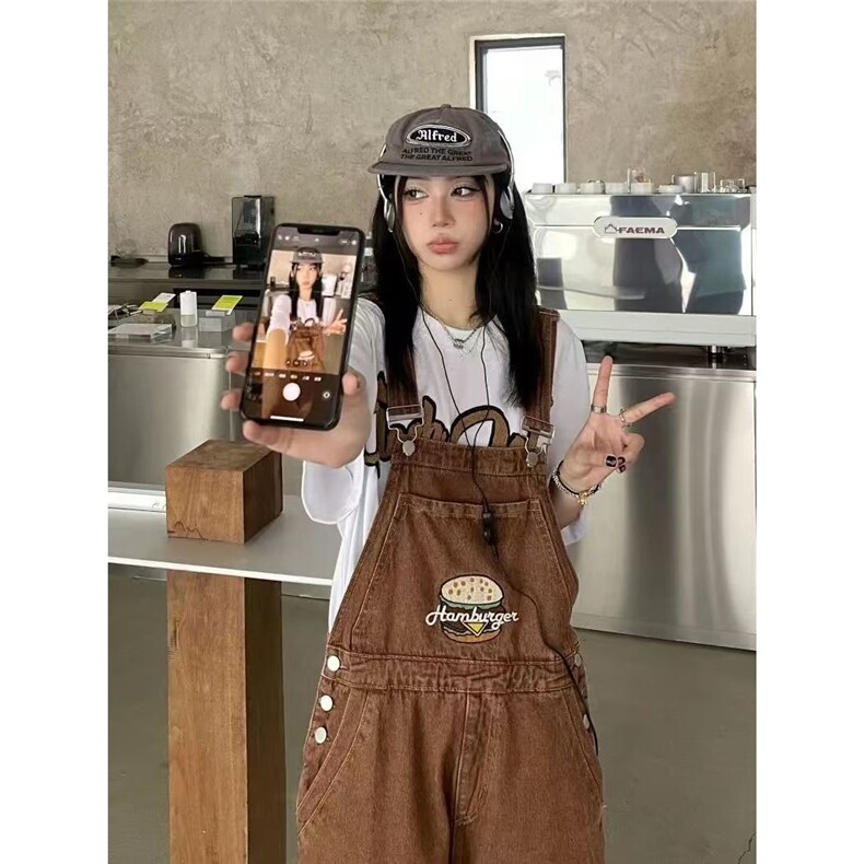 美式复古棕色汉堡刺绣背带裤女宽松直筒裤显瘦牛仔裤连体裤ins潮,男装牛仔裤,星座506A