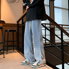 牛仔裤男松紧腰宽松直筒拖地裤潮流阔腿休闲长裤子男N05094-P40，男装牛仔裤，星座308B-1