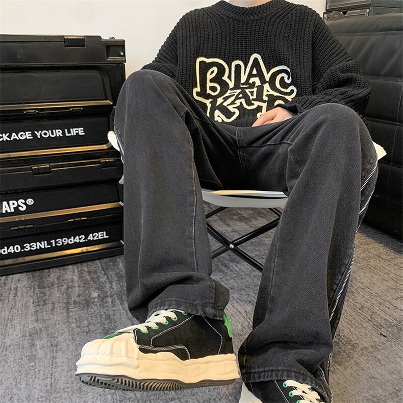 侧边拉链美式复古牛仔裤男高街潮牌hiphop裤子直筒拖地裤WN31-P58,男装牛仔裤,星座1008