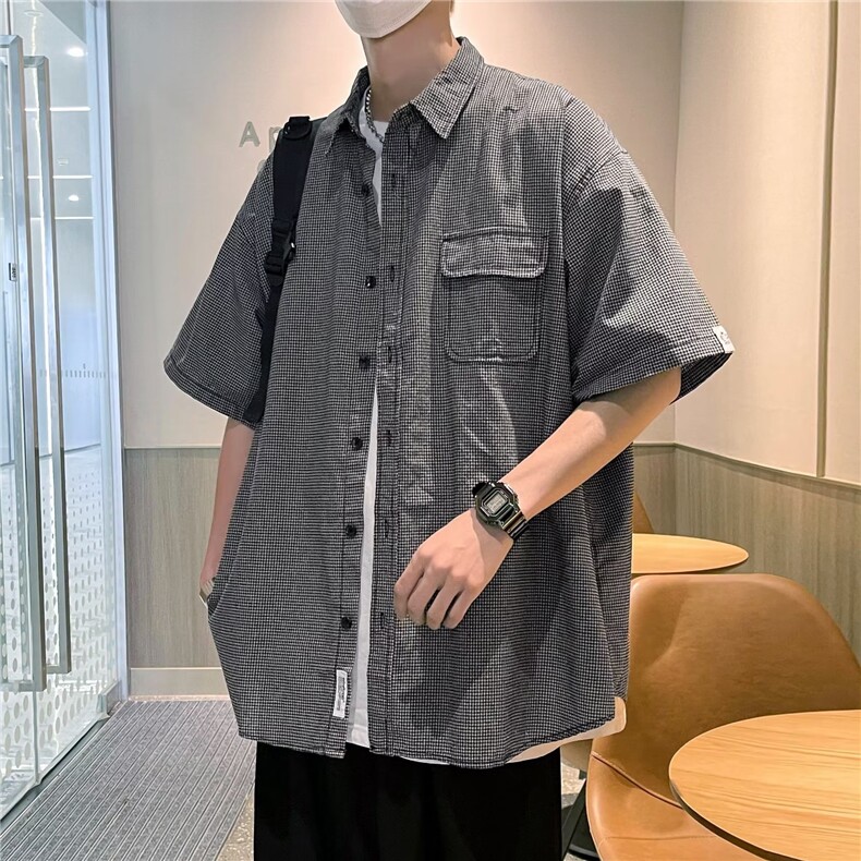ER2351-P35夏日复古细格纹工装短袖衬衫男女新款ns潮牌衬衣外套,男装衬衫,电商C233