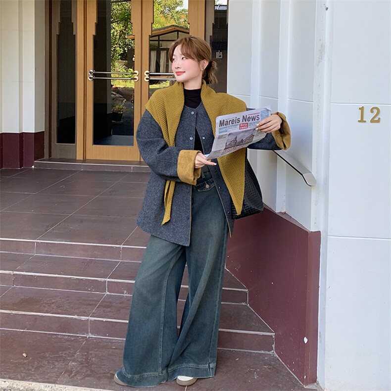 欧货拼色披肩毛呢短款外套女秋2025新款宽松显瘦小个子拉链夹克潮,女装毛呢外套,浙宝301