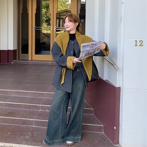 欧货拼色披肩毛呢短款外套女秋2025新款宽松显瘦小个子拉链夹克潮图片