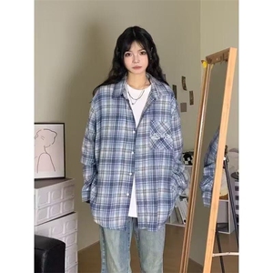 美式复古字母印花格子衬衫女秋季防晒潮牌长袖大码衬衣外套上衣图片