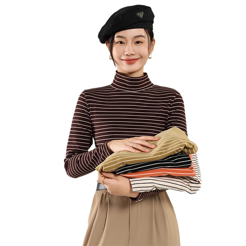 半高领德绒条纹打底衫女内搭秋冬季磨毛加厚保暖中领长袖t恤上衣,女装T恤,佳绒高端店