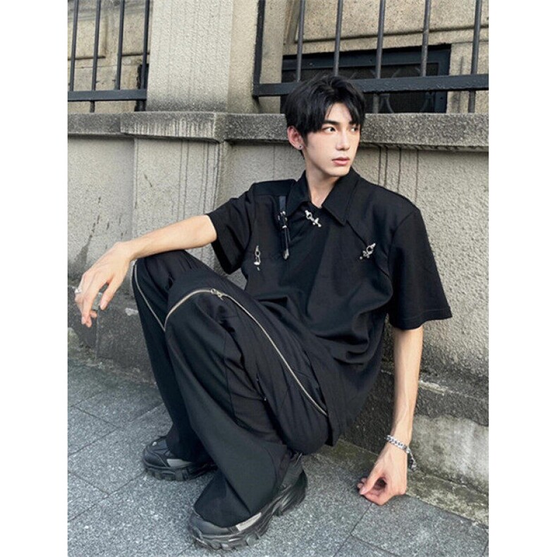 小众解构设计感飞机扣皮带拼接polo衫男款夏季宽松短袖T恤CS180,男装Polo衫,星座1116A（原606A-3）