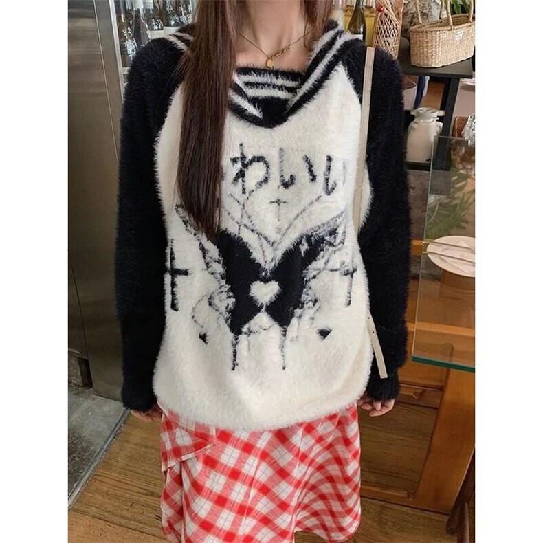 日系甜美蝴蝶提花毛茸茸毛衣女秋冬款黑拼白海军领宽松加厚针织衫,男装针织衫/毛衣,星座506A