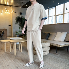 风休闲九分裤套装男夏季亚麻复古男装棉麻两件套TZ991-P65，男装套装，星座217-4