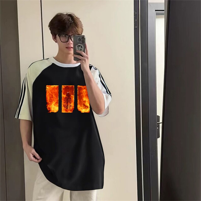 抖音得物品质二开240克宽松纯棉美式潮牌插肩三杠织带短袖T恤图片