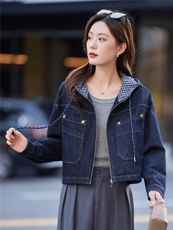 时尚连帽牛仔外套女短款2025春秋新款设计感洋气休闲百搭夹克上衣，女装短外套，靓衣阁