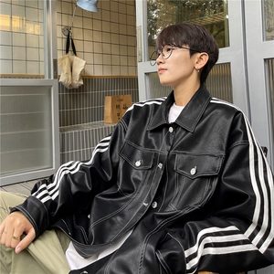 港风秋装 美式织带夹克复古情侣PU皮衣休闲工装外套男 G1067 P108图片