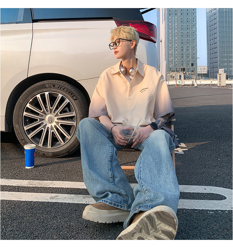 渐变色短袖衬衫大码冰丝垂感五分袖上衣1213-C145-P45控59,男装T恤,星座1213