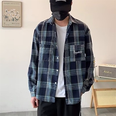 美式复古小众口袋格子衬衫长袖男潮牌休闲破坏毛边外套XC329/P38，男装衬衫，星座506