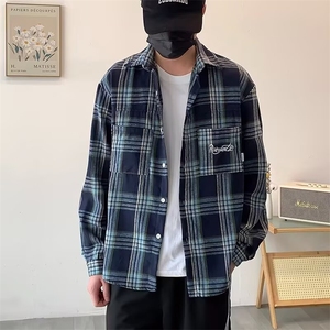 美式复古小众口袋格子衬衫长袖男潮牌休闲破坏毛边外套XC329/P38图片