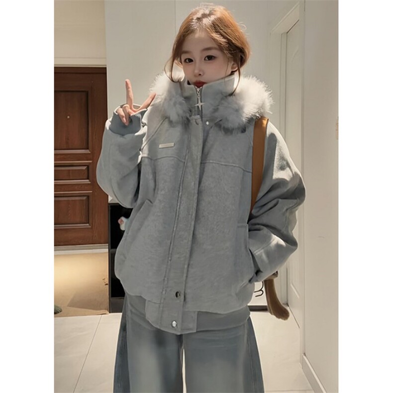 连帽毛呢棉服男女冬季加厚保暖毛领拼接棉衣外套 M7886图片