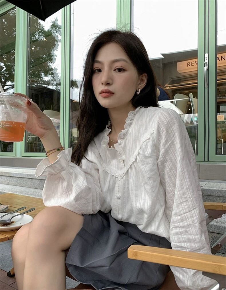 法式花边领水溶棉纯棉温柔风衬衣,女装衬衫,湘姗