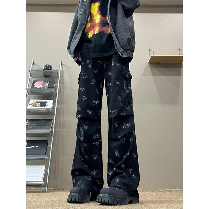 潮流碎花阔腿牛仔裤男2025夏季新款高腰设计感宽松显瘦直筒拖地裤，男装牛仔裤，星座506A