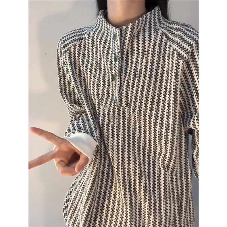QC3335-P48美式竖条纹立领衬衫男女2025春秋季新款显瘦百搭,男装衬衫,电商B323A