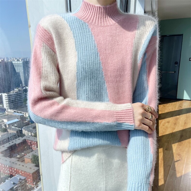 长袖套头羊毛2024年秋季半高圆领拼色上衣,女装羊毛衫,德晨羊绒