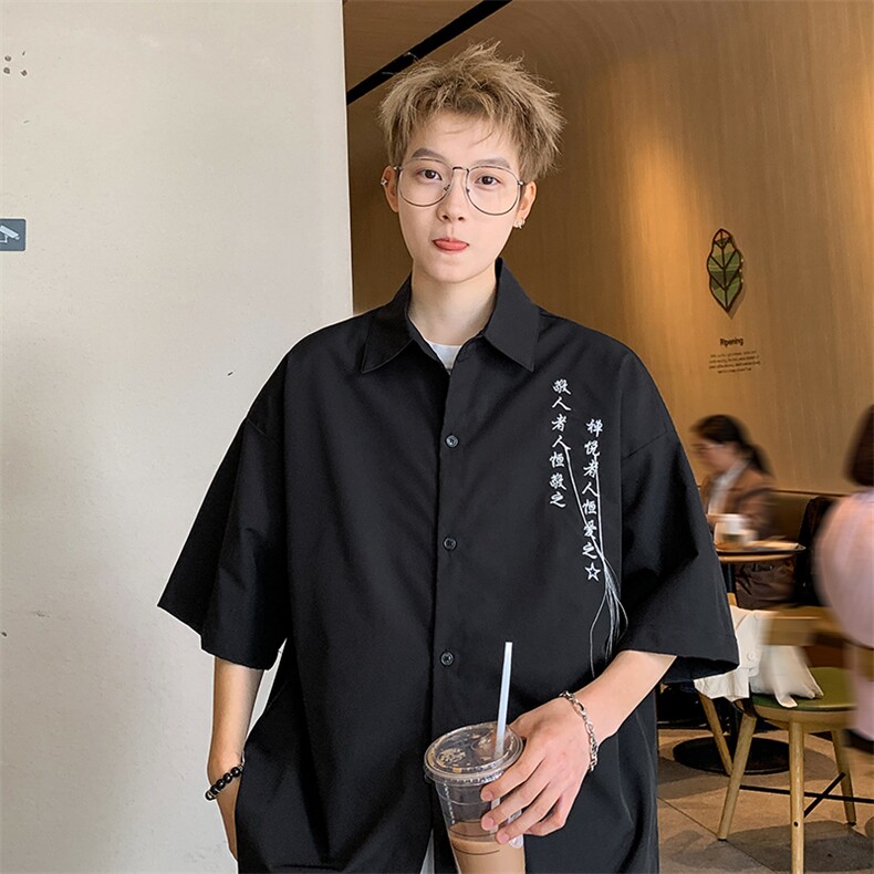 量大优风毛笔书法刺绣流苏短袖衬衫冰丝垂感衬衣C2321-特P35,男装T恤,星座1213