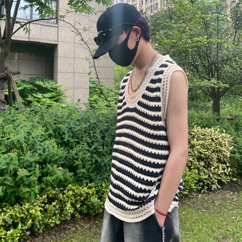 背心夏季新款情侣高颜值慵懒风黑白色条纹针织男女JA501-P35,男装背心/马甲,星座1109-3