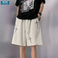 高街十字刺绣短裤男生夏季休闲外穿运动青少年五分直筒阔腿中裤子，男装牛仔裤，星座1013