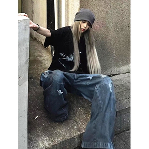 水洗直筒破洞倒装牛仔裤男设计感宽松休闲阔腿脏脏裤裤子 N611图片