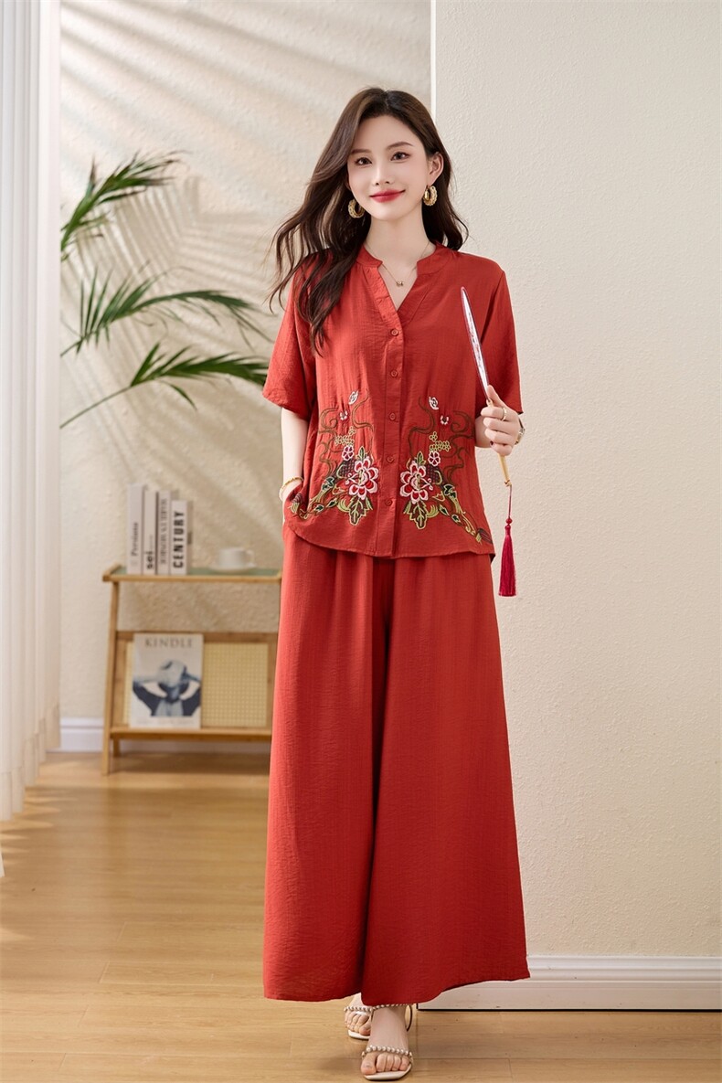 时尚休闲天丝麻套装裤女夏2025新款高级感刺绣工艺减龄气质两件套,女装套装/套裙,魅影