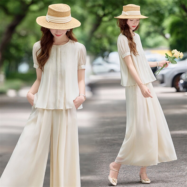 温柔风短袖上衣阔腿裤套装女夏新款松弛感宽松显瘦两件套，女装套装/套裙，水衣源