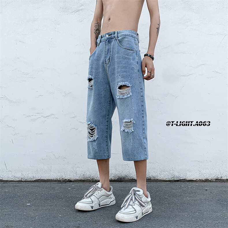 夏季破洞美式高街牛仔七分8分裤货号QF28P45控价68,男装牛仔裤,电商A063