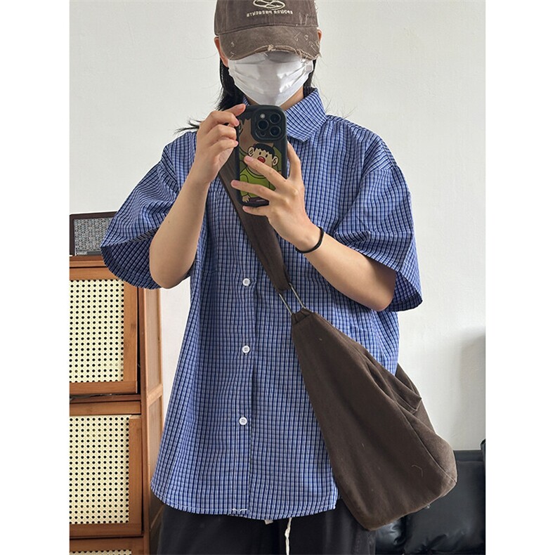 格子衬衫春夏美式短袖衬衫港风情侣装休闲衬衣CS286-P30,男装T恤,星座301C-5