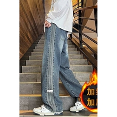 贴标条纹牛仔裤男宽松阔腿长裤潮牌美式高街加绒裤子A513-P55，男装牛仔裤，星座1001-1
