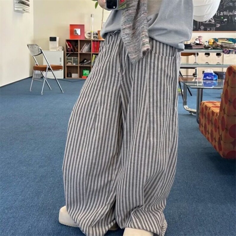 宽松慵懒黑白条纹棉麻阔腿裤松弛感复古休闲直筒拖地裤子XRG113，男装休闲裤，星座1116A（原606A-3）