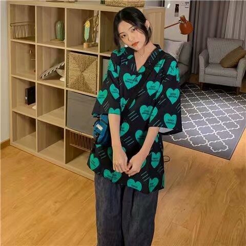 爱心印花短袖衬衫女复古bf港味宽松西装领设计感韩版衬衣女夏,男装T恤,星座1210-1