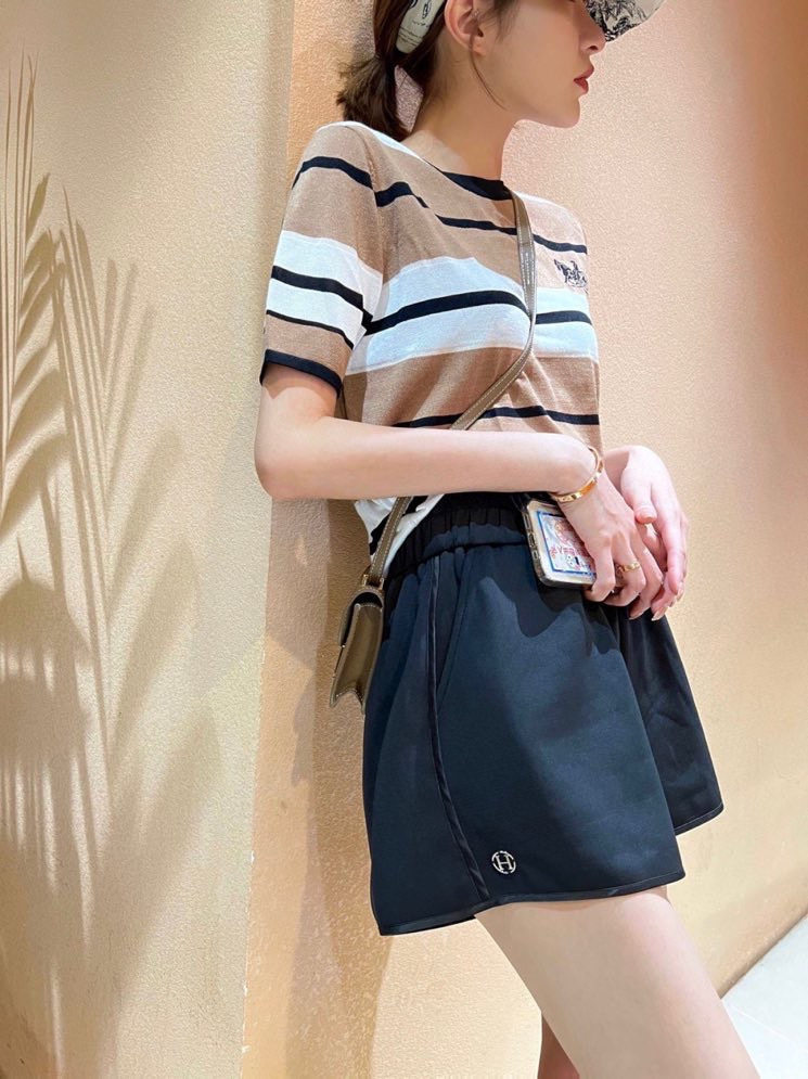 女装短袖T恤女圆领针织衫马车提花刺绣条纹,针织衫/毛衣,沐策羊绒
