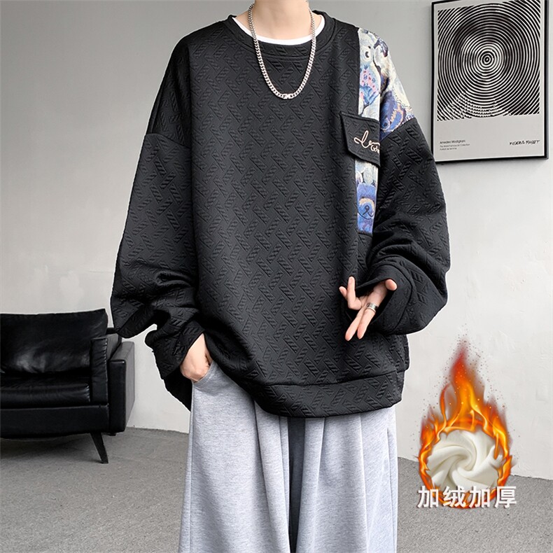 现货WY10067-P45加绒P55新增加绒款款式百搭圆领小熊拼接卫衣,男装卫衣,电商A059