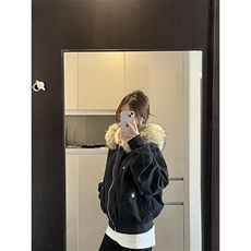 现货重磅boxy短款棉衣座山雕大毛毛领男女棉服水洗工装厚外套，男装棉衣，电商A486-1