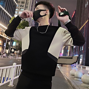 Y33/P58控78 春季简约百搭几何撞色黑白拼接套头卫衣男黑首1图片